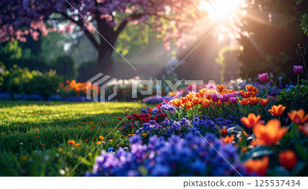 vibrant spring garden in full bloom with lush green grass and vivid flowers in shades of orange, pink, and purple, illuminated by warm sunlight filtering through trees 125537434