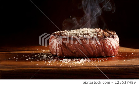 Juicy grilled steak close up, thick cut filet mignon topped with coarse sea salt, sizzling and steaming on wooden board. rich aroma enhances savory experience 125537489