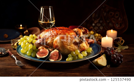 luxurious dinner scene features roasted poultry centerpiece surrounded by grapes, pears, and figs, accompanied by glass of wine on blue porcelain plate, creating warm ambiance 125537490