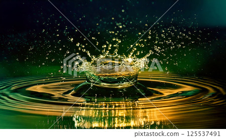 raindrop splashes into water, creating dynamic ripples and droplets in macro shot. illuminated scene captures beauty of nature motion 125537491