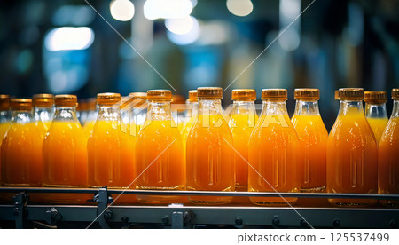 Clear glass bottles filled with orange juice are neatly arranged on production line, showcasing vibrant and fresh appearance. focus is on bottles with caps Clear glass bottles filled with orange juice are neatly arranged on production line, showcasing vibrant and fresh appearance. focus is on bottles with caps 125537499
