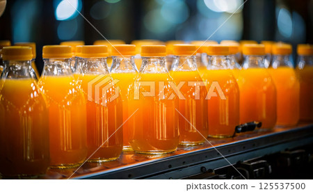 Clear glass bottles filled with vibrant orange juice are neatly arranged on production line, each capped with matching lid, creating visually appealing and organized display 125537500