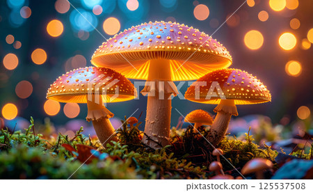 group of vibrant mushrooms glows warmly in magical forest setting, surrounded by soft bokeh lights. scene evokes sense of wonder and fantasy, with pop art inspired style 125537508