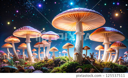 surreal scene of giant mushrooms glowing under starry night sky filled with colorful floating dots, creating magical and otherworldly atmosphere surreal scene of giant mushrooms glowing under starry night sky filled with colorful floating dots, creating magical and otherworldly atmosphere 125537511