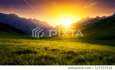 vibrant sunset casts warm, glowing rays over jagged mountains and lush green valley, creating serene and surreal landscape. scene evokes sense of tranquility and wonder vibrant sunset casts warm, glowing rays over jagged mountains and lush green valley, creating serene and surreal landscape. scene evokes sense of tranquility and wonder 125537526