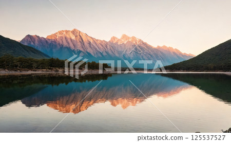 serene landscape featuring symmetrical reflection of mountains and trees on calm lake, bathed in gentle pastel tones during glowing sunrise serene landscape featuring symmetrical reflection of mountains and trees on calm lake, bathed in gentle pastel tones during glowing sunrise 125537527