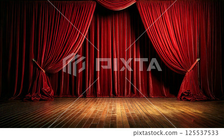 Rich red velvet curtains drape elegantly on old wooden stage, creating vintage atmosphere with warm lighting and rich textures, evoking sense of anticipation and drama Rich red velvet curtains drape elegantly on old wooden stage, creating vintage atmosphere with warm lighting and rich textures, evoking sense of anticipation and drama 125537533