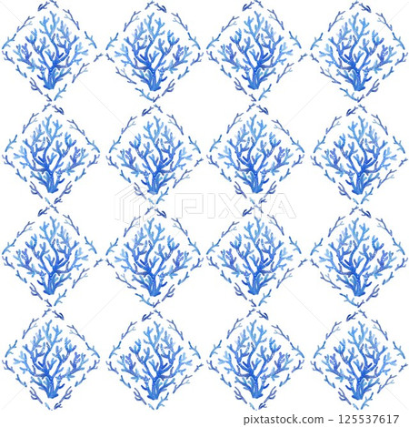 Seamless Pattern of Coral Reef and Seaweed with Watercolor Texture. Underwater Life in Pastel Blue and Cream, Vintage Summer Holiday Print, Hand Painted with Trendy Diamond Motifs 125537617