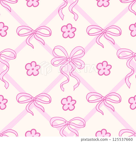 Coquette Pink Bow and Daisy Pattern. Pretty Girly Print on Pink Cross Ribbon background. Trendy feminine Romantic Template for greeting cards, wedding, fabric, wrapping. Vector Illustration. 125537660