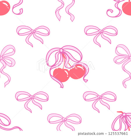 Coquette Cherry with Bows Seamless Pattern. Cute Red berries with Pink ribbons on white background. Feminine Romantic art for Wedding celebration, party decoration, gift, present concept. 125537661