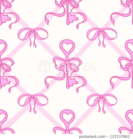 Coquette Pattern Pink Ribbon Bow and Antique Key. Girly keys with bows on white background with cross ribbons. Trendy feminine romantic template for wedding, fabric, wrapping. Vector Illustration. Coquette Pattern Pink Ribbon Bow and Antique Key. Girly keys with bows on white background with cross ribbons. Trendy feminine romantic template for wedding, fabric, wrapping. Vector Illustration. 125537662