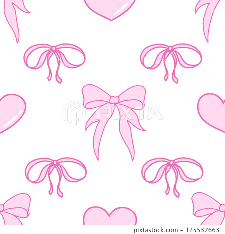 Coquette seamless pattern Pink Bow and Hearts. Pretty Girly bows on white background. Trendy feminine romantic art for greeting cards, textile, fabric, wallpaper, wrapping. Vector Illustration. 125537663