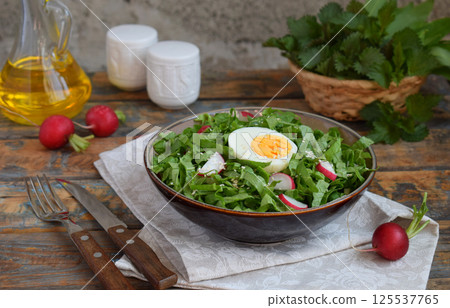 Vitamin salad from lettuce, radish, green onions and eggs, seasoned with vegetable oil in plate on wooden background. Healthy food. Salad of fresh green vegetables 125537765