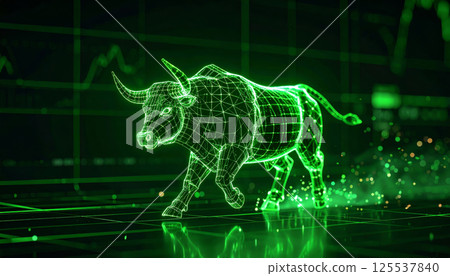 3D holographic bull charging forward with neon green lights symbolizes market optimism and growth in financial sector, representing strength and resilience in trading 125537840