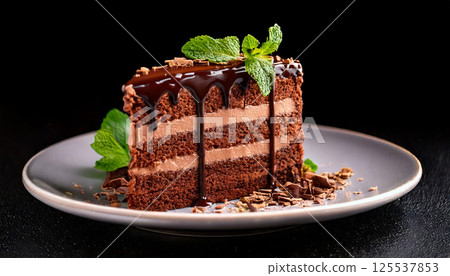 Decadent slice of rich chocolate cake with creamy layers, drizzled with melted chocolate and garnished with fresh mint leaves, creating indulgent dessert experience 125537853
