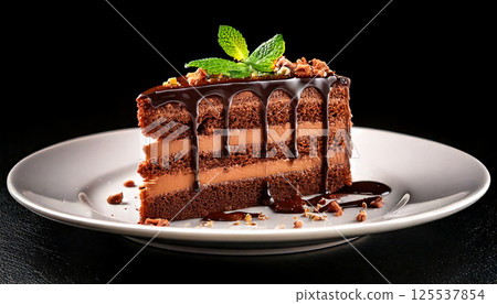 Decadent slice of rich chocolate cake with creamy layers, drizzled with melted chocolate and garnished with mint leaves, evokes indulgence and delight 125537854