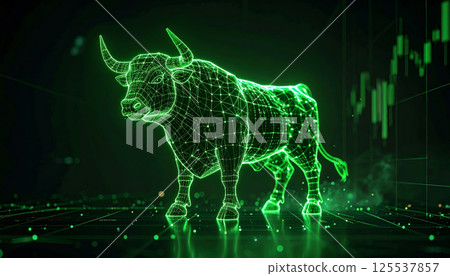 futuristic glowing green bull symbolizes bullish market trend, surrounded by digital elements representing finance and technology. This striking image captures essence of growth and optimism 125537857