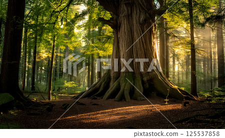 grand old tree stands majestically in middle of serene forest, with sunlight filtering through leaves, creating tranquil atmosphere. scene evokes sense of peace and connection to nature 125537858