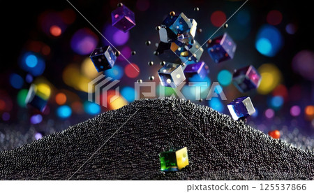 captivating scene featuring pile of fine black beads with vibrant, colorful cubes levitating above, creating striking contrast. sharp focus foreground enhances visual appeal, while blurred captivating scene featuring pile of fine black beads with vibrant, colorful cubes levitating above, creating striking contrast. sharp focus foreground enhances visual appeal, while blurred 125537866