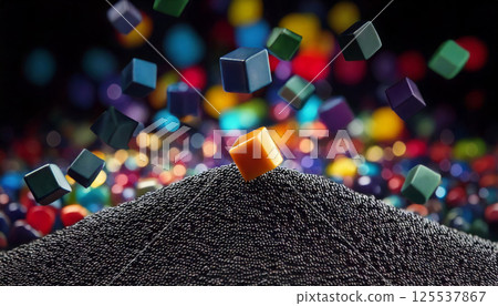 captivating scene featuring pile of fine black beads with vibrant cubes levitating above, creating striking contrast. sharp focus foreground enhances visual appeal, evoking sense of wonder captivating scene featuring pile of fine black beads with vibrant cubes levitating above, creating striking contrast. sharp focus foreground enhances visual appeal, evoking sense of wonder 125537867