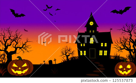 spooky haunted house silhouette against vibrant purple and orange twilight sky, featuring glowing jack o lanterns, bats flying, and eerie trees, creating perfect Halloween atmosphere spooky haunted house silhouette against vibrant purple and orange twilight sky, featuring glowing jack o lanterns, bats flying, and eerie trees, creating perfect Halloween atmosphere 125537873