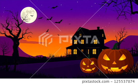 spooky haunted house at night with glowing jack o lanterns, surrounded by eerie purple and orange twilight sky, creates chilling atmosphere perfect for Halloween spooky haunted house at night with glowing jack o lanterns, surrounded by eerie purple and orange twilight sky, creates chilling atmosphere perfect for Halloween 125537874