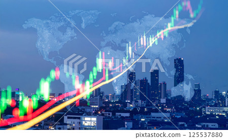 Abstract image of global financial market analysis with glowing trading charts, showcasing vibrant colors and city skyline in background, evoking sense of dynamic growth and opportunity Abstract image of global financial market analysis with glowing trading charts, showcasing vibrant colors and city skyline in background, evoking sense of dynamic growth and opportunity 125537880