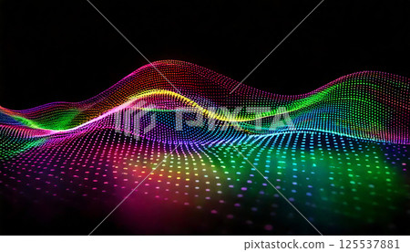 Colorful glowing dots create fluid wave patterns on black background, evoking sense of movement and energy. This abstract art piece captivates with its vibrant hues and dynamic design Colorful glowing dots create fluid wave patterns on black background, evoking sense of movement and energy. This abstract art piece captivates with its vibrant hues and dynamic design 125537881