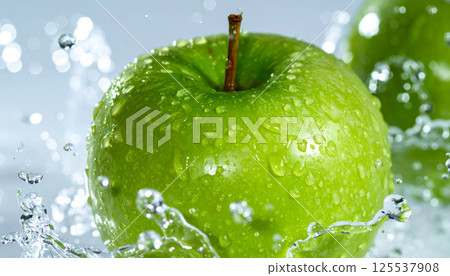 Fresh green apple surrounded by sparkling water droplets, showcasing perfect lighting and crisp focus, evokes refreshing and vibrant feeling 125537908