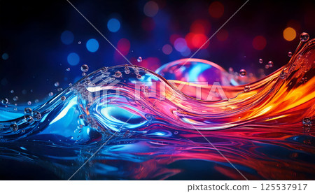vibrant wave of crystal clear liquid twists gracefully, infused with neon pink, blue, and orange highlights, creating mesmerizing visual effect. interplay of colors and bubbles adds dynamic touch 125537917