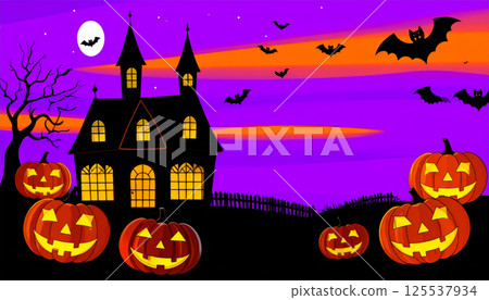 whimsical haunted house with glowing windows stands against vibrant purple sky, surrounded by carved pumpkins and bats flying in night. scene captures enchanting spirit of Halloween 125537934