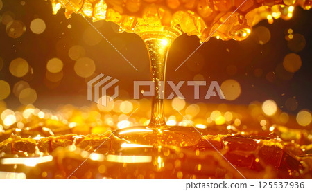 Golden honey pouring down in magical scene, creating sparkling effect with shimmering droplets and warm, enchanting atmosphere. honeycomb structure adds to beauty 125537936