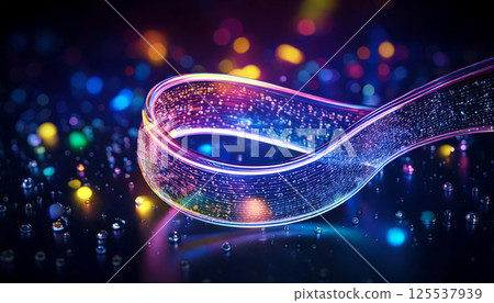 mesmerizing ribbon of transparent liquid illuminated by vibrant neon lights, creating ethereal atmosphere surrounded by colorful bokeh effects 125537939