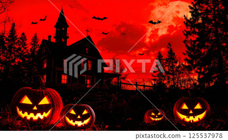 Hauntingly beautiful, this features Gothic style haunted house set against vivid red sky, surrounded by ominous bats and glowing jack o lanterns with evil grins Hauntingly beautiful, this features Gothic style haunted house set against vivid red sky, surrounded by ominous bats and glowing jack o lanterns with evil grins 125537978
