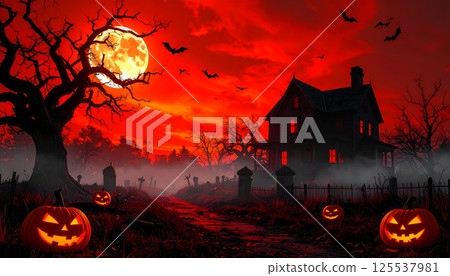 haunted mansion looms under blood red sunset, surrounded by dark twisted trees and grinning pumpkins. Bats fly across eerie sky, creating chilling Halloween atmosphere 125537981