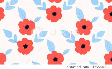 Minimalistic seamless pattern featuring vibrant red flowers and soft blue leaves, creating elegant and cheerful design perfect for various applications 125538009