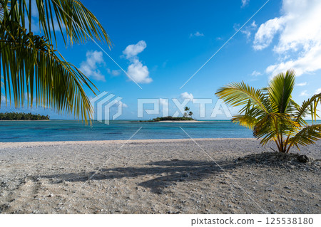 Tropical motus in Tikehau, French Polynesia, with clear lagoon waters 125538180