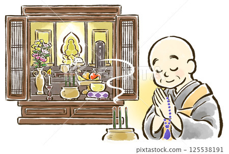 A monk burns incense and places his hands together in prayer in front of the Buddhist altar 125538191