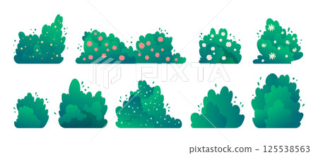 Cartoon Color Different Types of Green Bushes Set Decoration Elements Garden and Park Concept Flat Design Style. Vector illustration 125538563