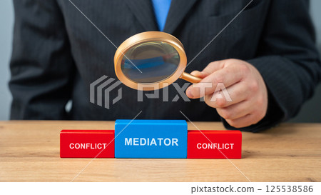 Wooden blocks with the word Mediator and conflict. Settlement of disputes by mediation. Dispute Resolution. Third party, intermediary. 125538586
