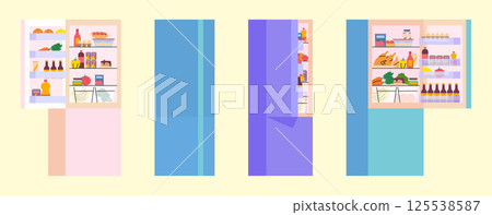 Cartoon Color Different Fridge Open and Closed Full Of Food Set Refrigerator for Home Concept Flat Design Style. Vector illustration 125538587
