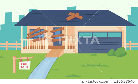 Cartoon Color Abandoned Cottage for Sale on a Landscape Scene Concept. Vector illustration of Old Dilapidated Suburban House 125538646