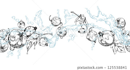 Currant gooseberry flying in water splash with green leaves and dew drops, hand drawn in vector ink, ripe summer garden berry. Isolated seamless banner for home preserves, stationery, recipe book 125538841
