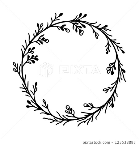 A romantic floral wreath featuring delicate hand-drawn flowers and curved branches forming a graceful circular frame. A romantic floral wreath featuring delicate hand-drawn flowers and curved branches forming a graceful circular frame. 125538895