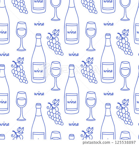 La dolce vita doodles seamless pattern with wine bottle, glasses, grape. Blue on white vector illustration of italian style hand drawn posters. Wall art prints decor, for invitations, menus design. La dolce vita doodles seamless pattern with wine bottle, glasses, grape. Blue on white vector illustration of italian style hand drawn posters. Wall art prints decor, for invitations, menus design. 125538897