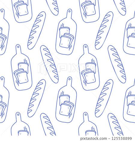 La dolce vita doodles seamless pattern bread baguette. Blue on white vector illustration of italian style hand drawn posters. Wall art prints decor, for invitations, menus design. 125538899