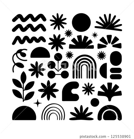 Abstract Nature Motif Modern Boho. An abstract black shape combining natural motifs like sunbursts, plants, hills, rainbows, and waves, designed in a modern boho aesthetic. 125538901