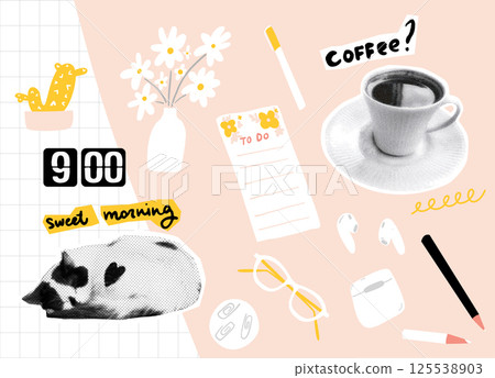 Productivity planner collage sticker set, coffee and sleepy cat, to do list, doodle drawings of glasses and stationery 125538903