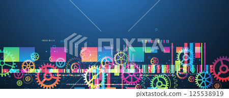 Abstract technological background with colored gears and multicolored rectangles and plexus effect. Vector 125538919