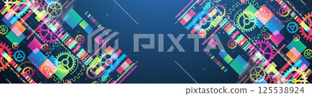Abstract technological background with colored gears and multicolored rectangles and plexus effect. Vector 125538924